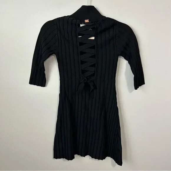 For Love And Lemons X KNITZ Simone Laced Black Sweater 3/4 Sleeve Mini Dress - Picture 5 of 7